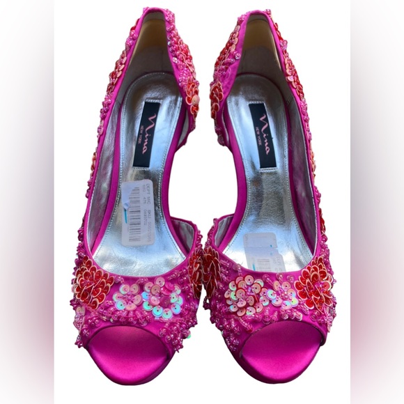 NINA NEW YORK Fuchsia Pink “Sadi” 3D Sequin Floral Flower Peep Toe Pump Heels,10 - Picture 3 of 11